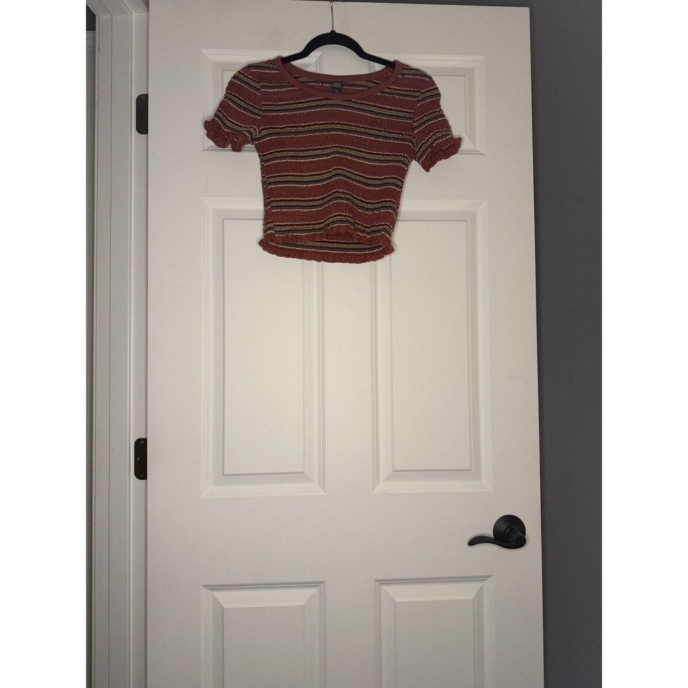 Wild Fable Short Sleeve Smocked Crop Top Medium Rust Multi Stripe